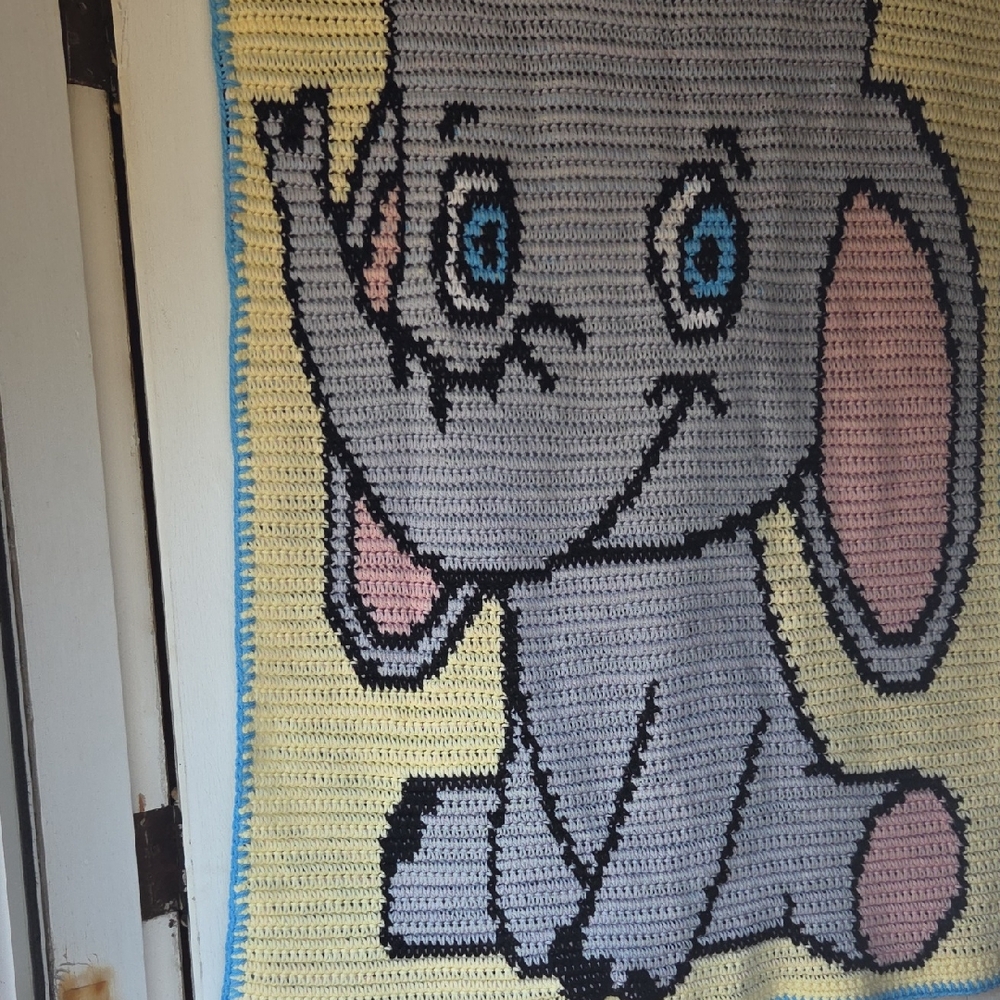 Handmade Dumbo Baby Blanket Crochet Crib  - Gray and Pink Baby Shower Unique.